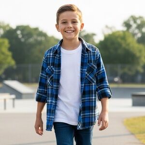 Tony Hawk 100% Cotton Flannel Cobalt Blue Plaid Shirt Size XL (13-14)